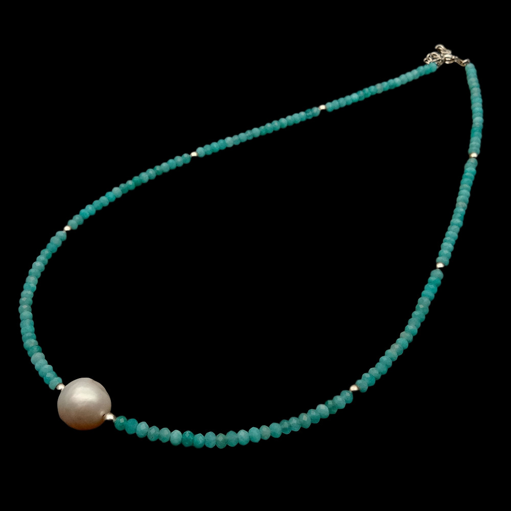 Natural Green Peruvian Amazonite White Pearl Necklace 17”