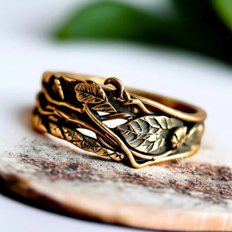 Handmade Leaf Vine Ring Botanical Nature Stainless Steel