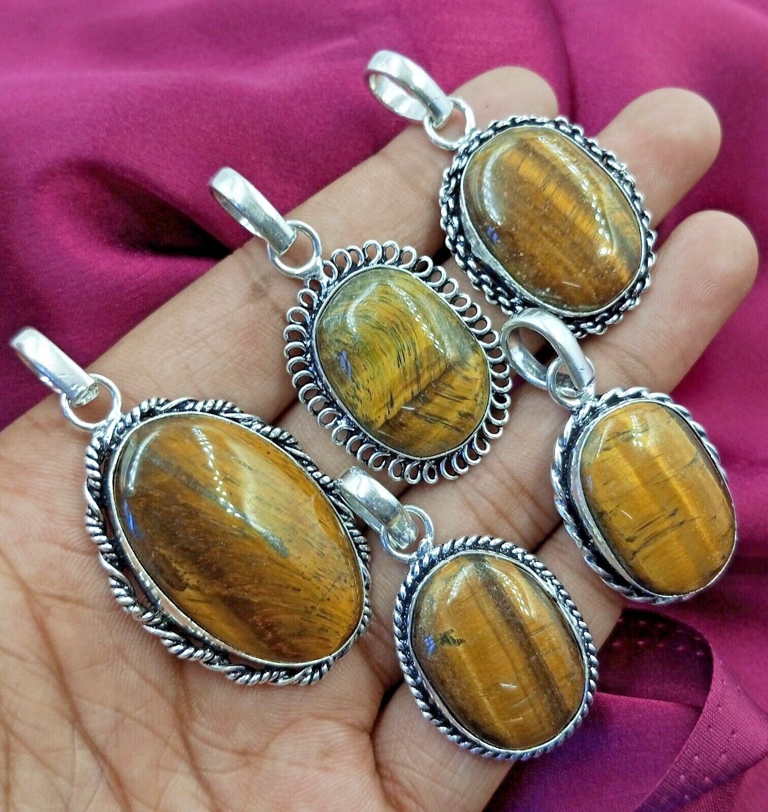 Lovely Natural Tiger’s Eye Gemstone 925 Sterling Silver Plated Handmade Pendants