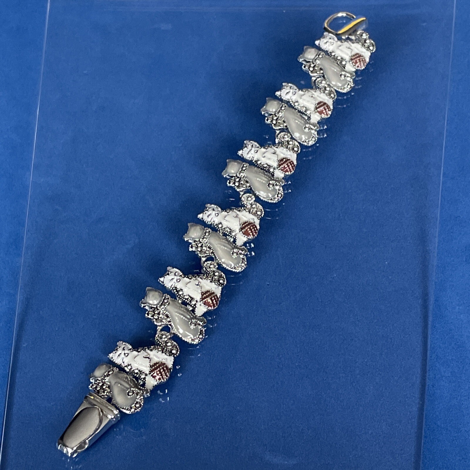 SilverTone Gray & White Enamel Cat Kitten Charms Magnet Clasp 7.5″ Bracelet U26w