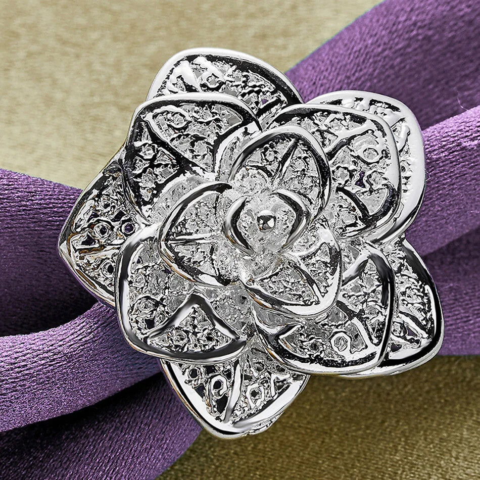 CHSHINE 925 Sterling Silver Big Flower Bangle Bracelet Ring Charm Jewelry Set
