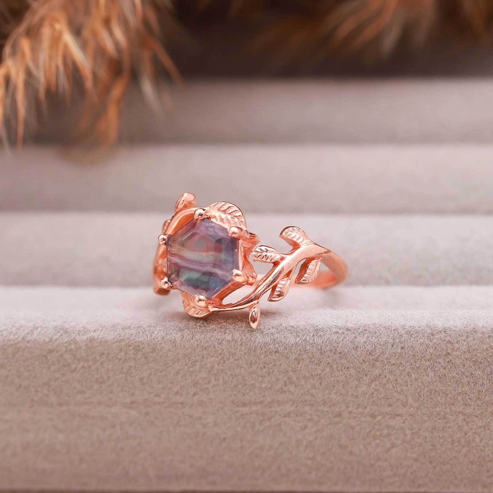 Natural Fluorite Hexagon Leaf Ring Rose Gold Filled 925 Sterling Silver Jewelry