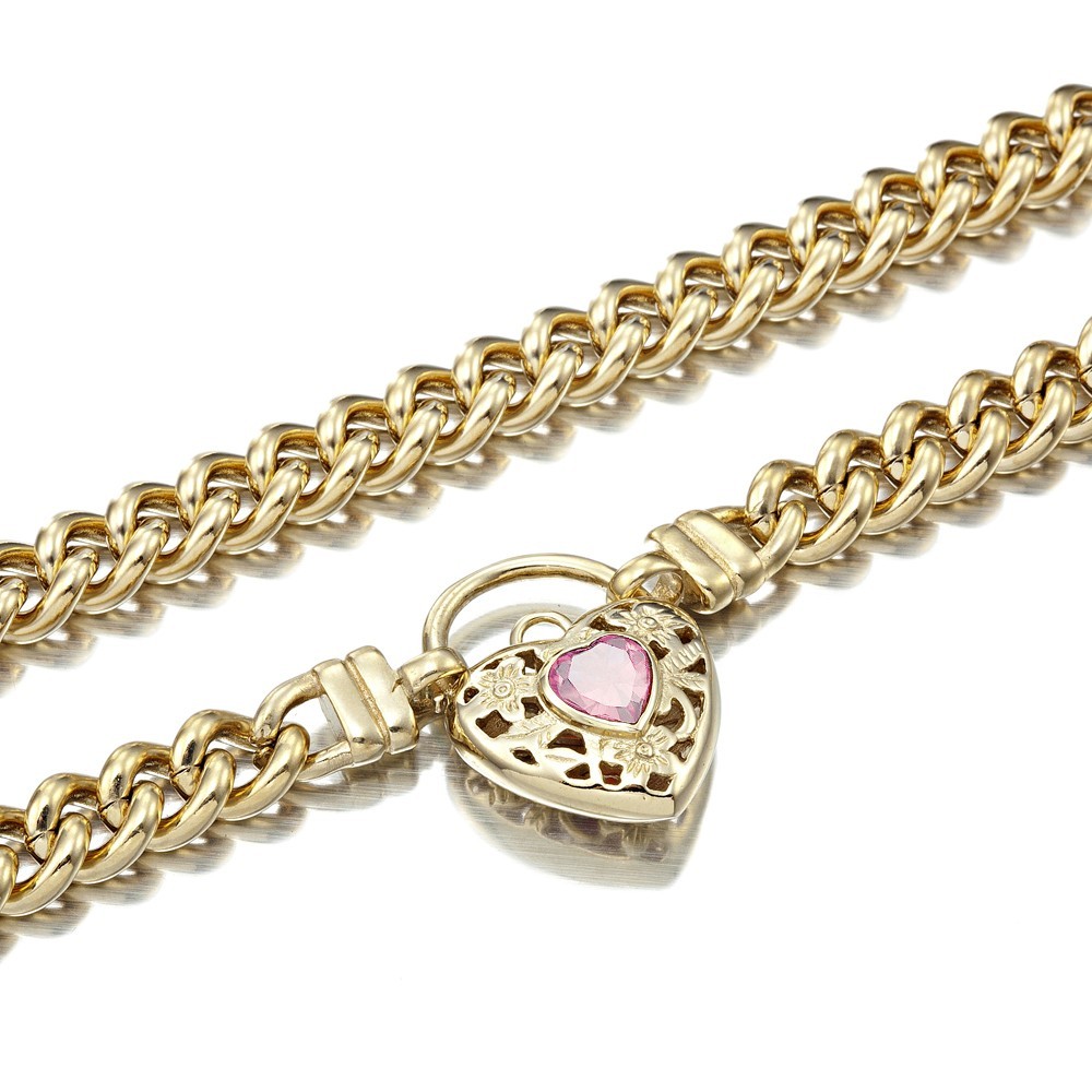 18K GL Solid Curb Yellow Gold Necklace Filigree Heart Padlock Rose Pink Gem