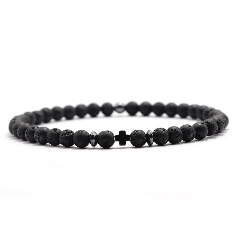New Men Bracelet Stone Natural Hematite Cross Rice Bead Brazalet Boyfriend Gift