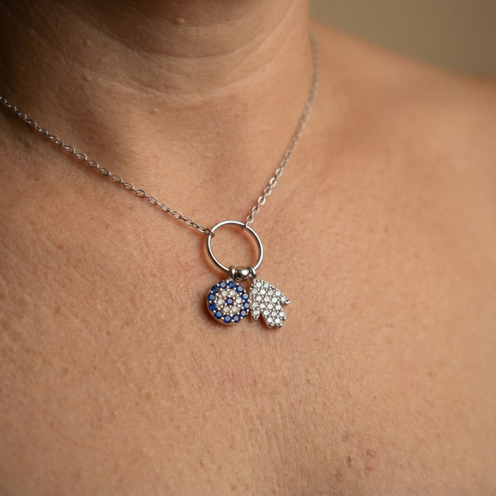 Hamsa Evil Eye Protection Necklace 925 Sterling Silver CZ Double Charm