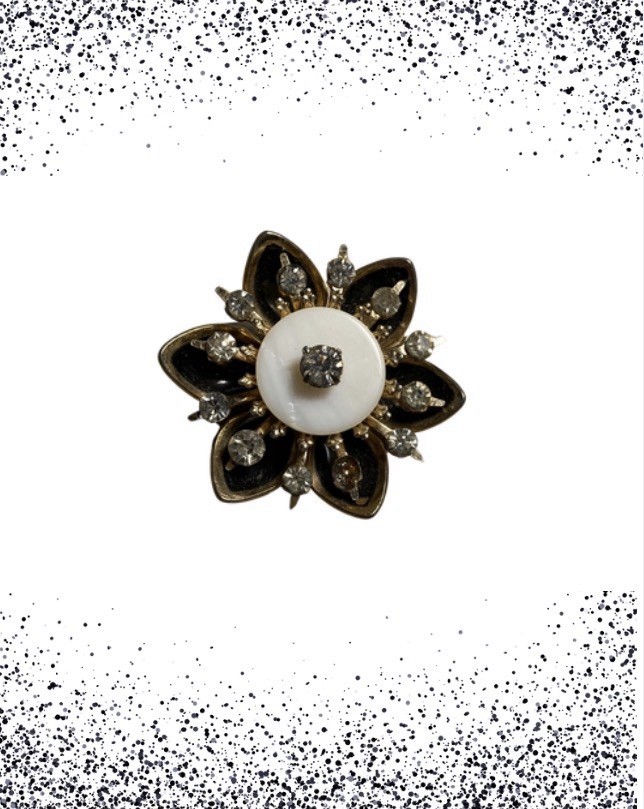 Vintage Coro Flower Brooch Rhinestones Black Enamel Gold Tone Pin