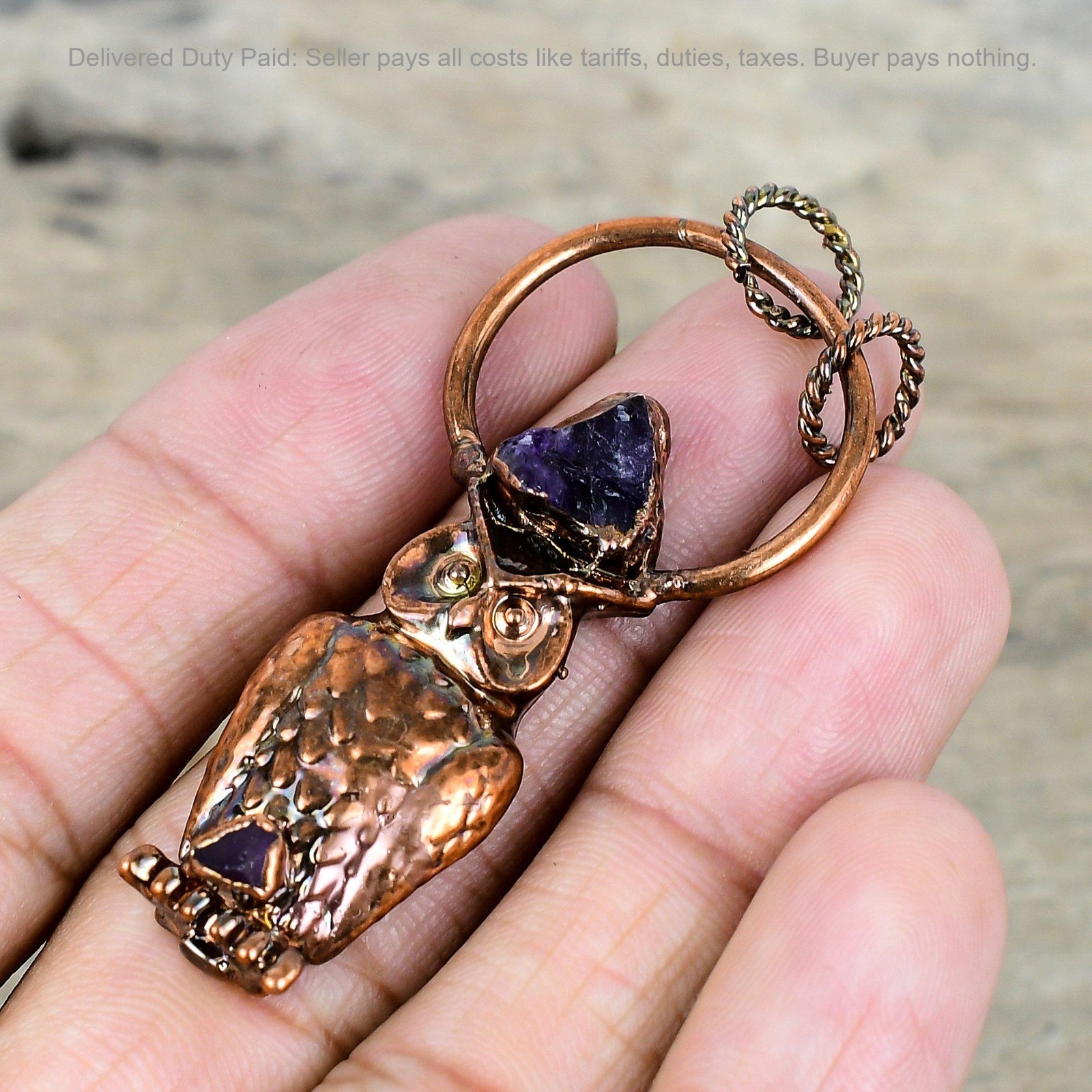 African Amethyst Rough Gemstone Copper Art Deco Electroformed And Owl Pendant