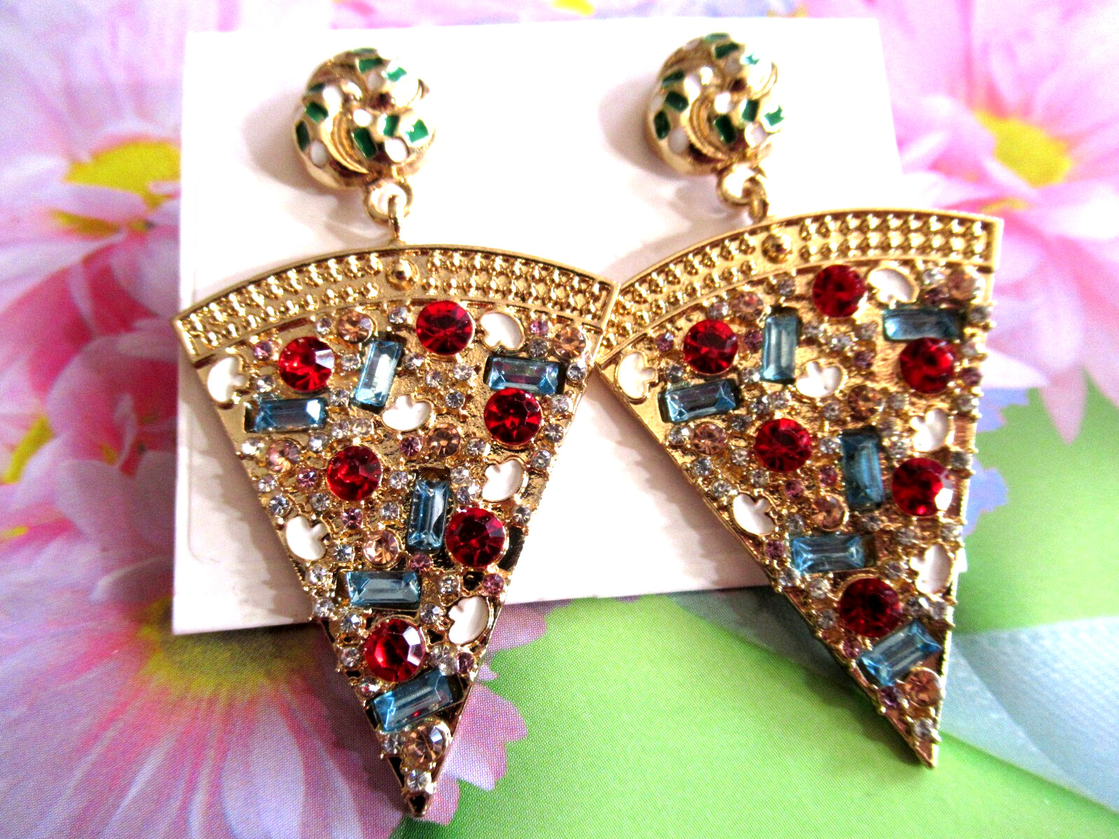 2.50″ PIZZA SLICE CRYSTAL RHINESTONE ENAMEL DROP DANGLE EARRINGS NWT