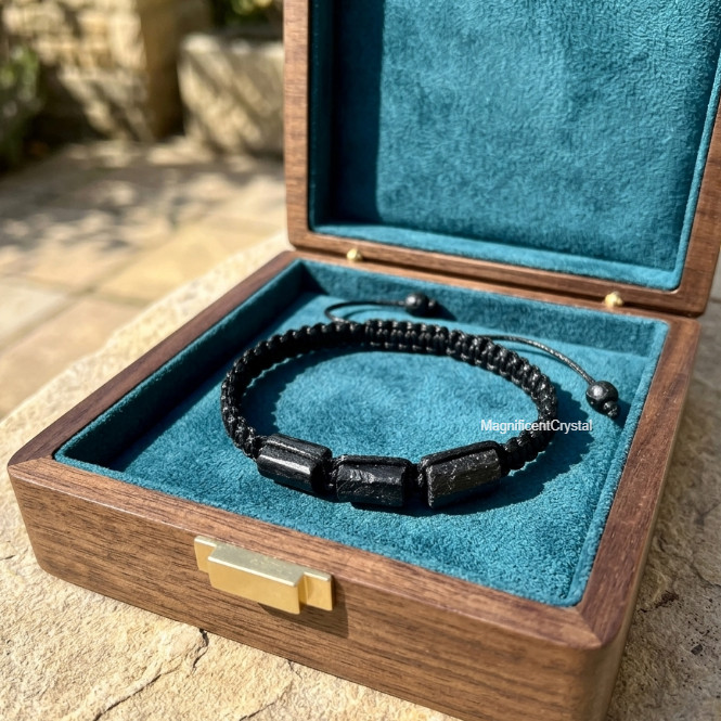 Raw Black Tourmaline Adjustable Braided Men Bracelet Natural Protection Stone