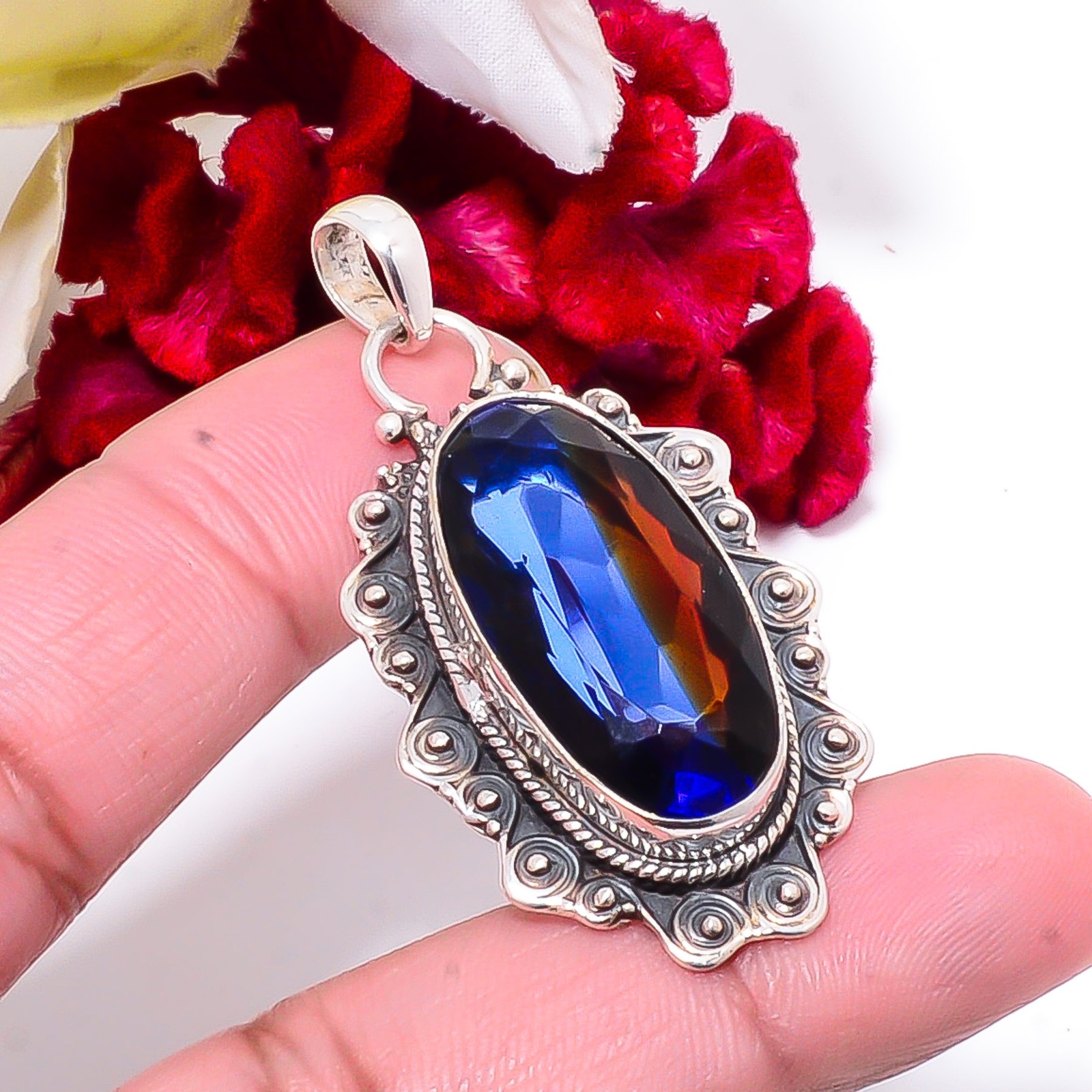 Red & Blue Bi-Colour Tourmaline 925 Sterling Silver Bali Pendant 2.03 Sku55