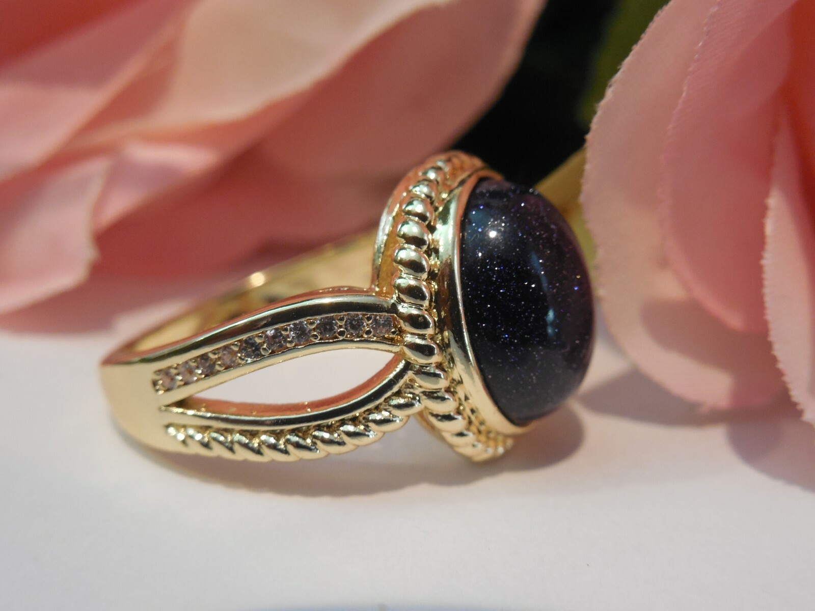 925 Silver Ring With Gold Overlay Starry Night Blue Cabochon Stone ring