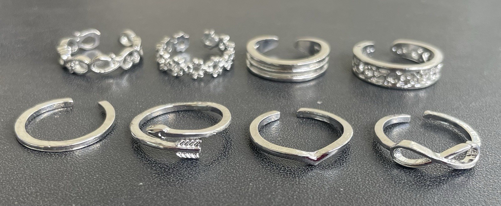 8 Silver Toe Rings Lot Adjustable + Gift Box As Shown