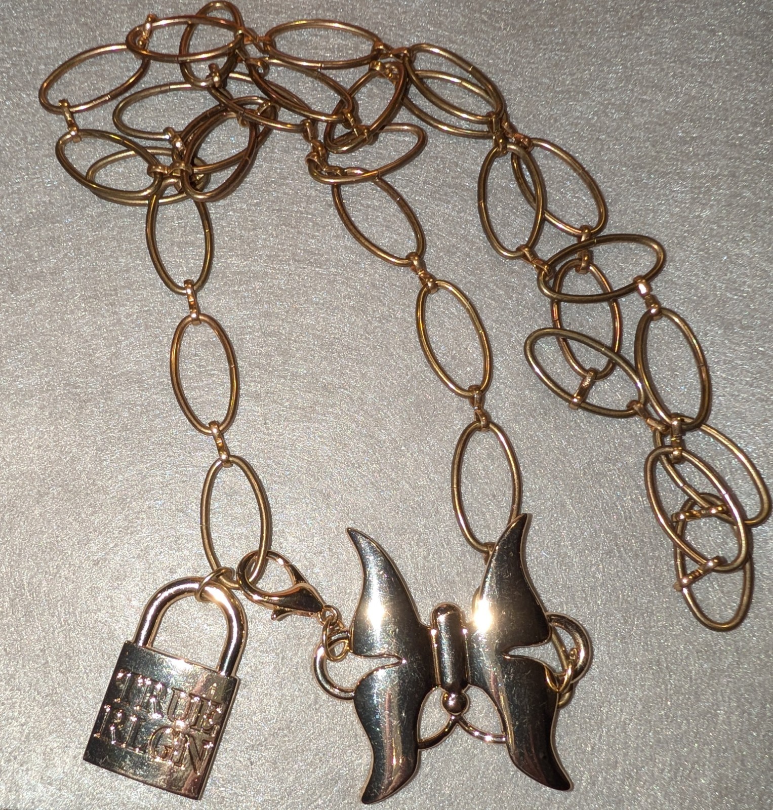 Gold Tone Oval Link Chain Necklace Butterfly Charm Padlock Pendant Lobster
