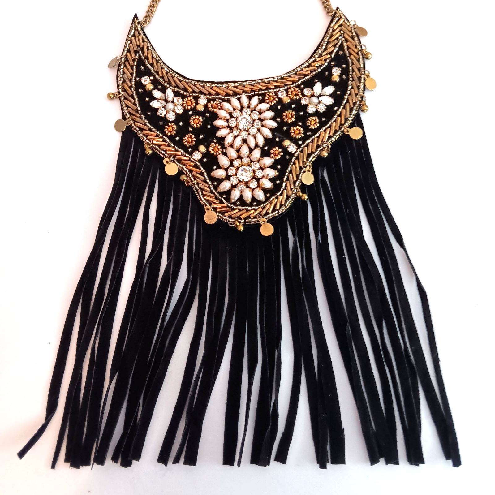 Black Tassles Fashion Necklace Bib With Rhinestones Beaded Gold & Pearl Accents