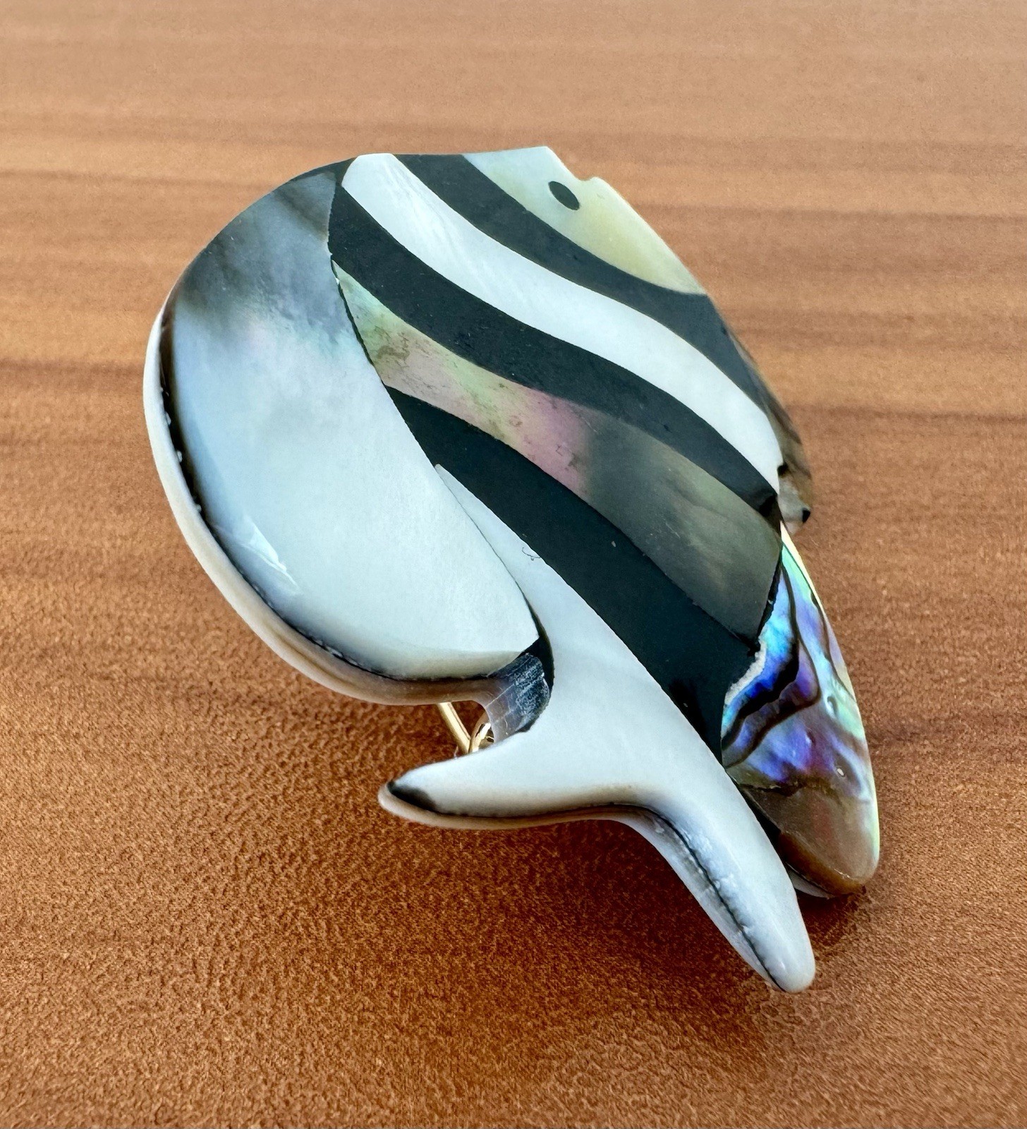 Vtg Brooch Pin FISH Mother of Pearl Abalone Inlay Handmade Read Description