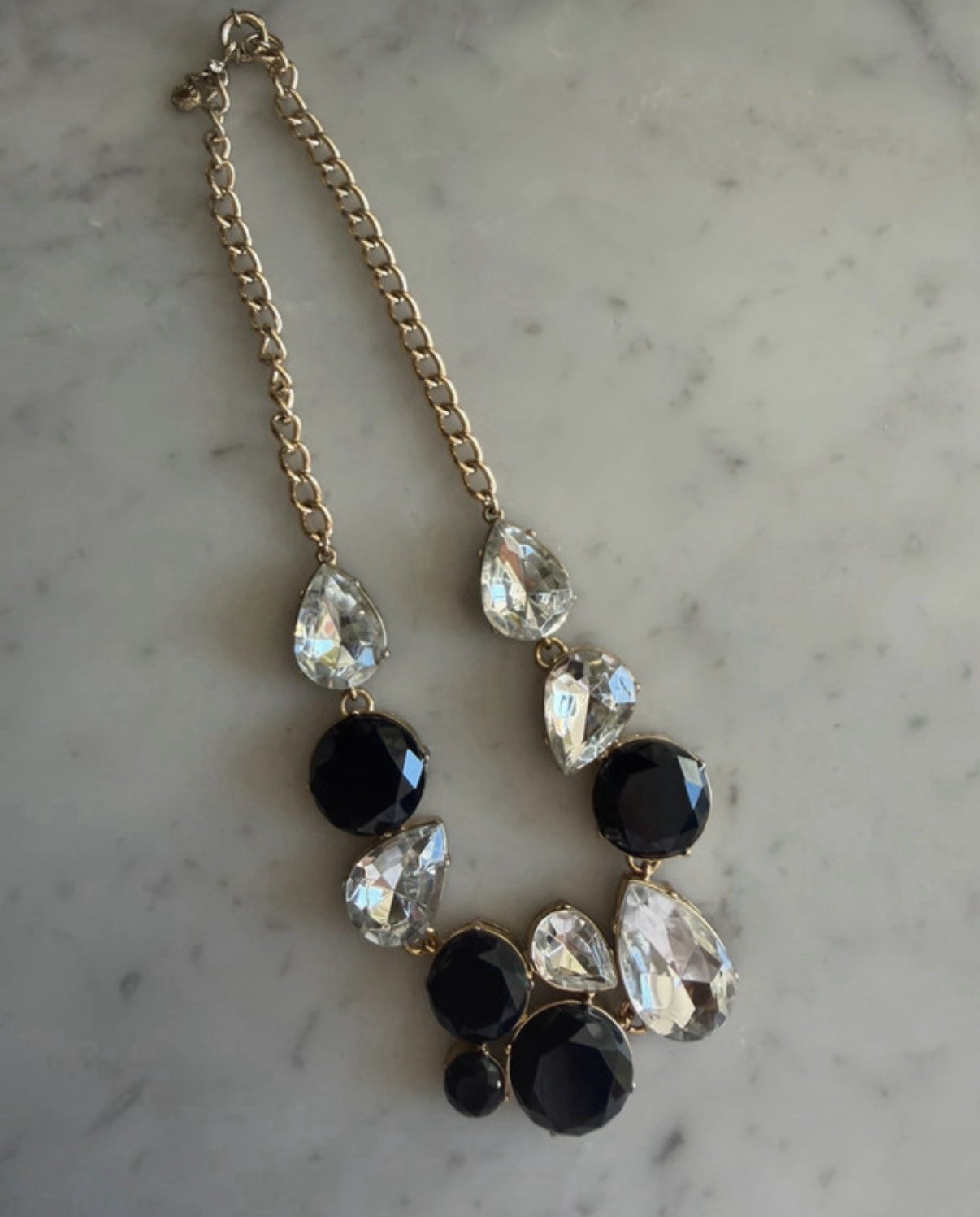 J.Crew Gold Tone Cable Chain Statement Necklace Clear/Navy Blue Crystal Teardrop
