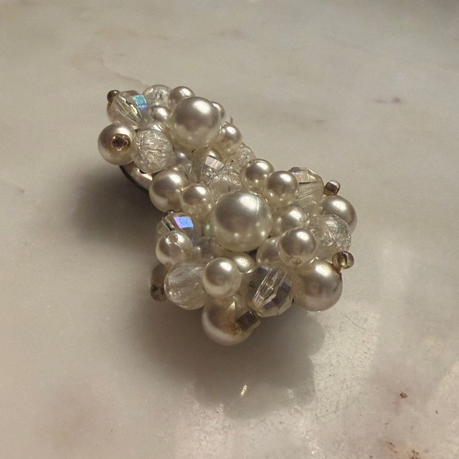 Vintage Beaded Faux Pearl AB Cluster Clip-On Earrings Made in Germany