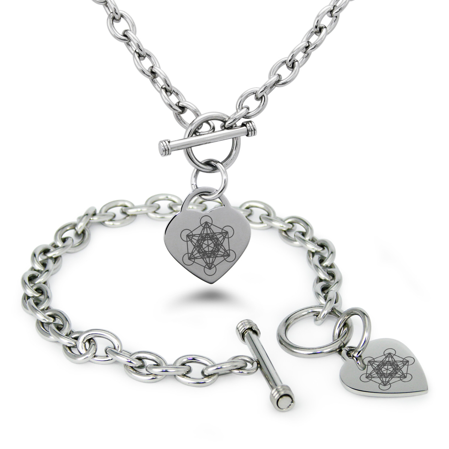 Stainless Steel Metatron’s Cube Symbols Heart Charm Bracelet, Necklace, Set