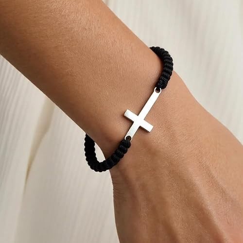 Christian Cross Bracelet Black String Adjustable Handmade Faith Jewelry Gift
