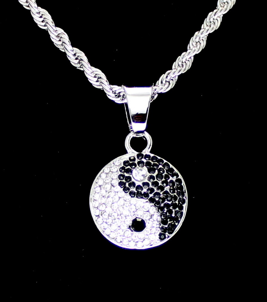 Mini Icy Ying Yang Rhinestone Pendant Silver Plated 24″ Rope Hip Hop Necklace