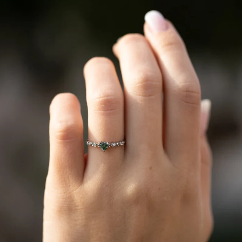 Moss agate heart promise ring, Unique heart cut moss agate engagement ring