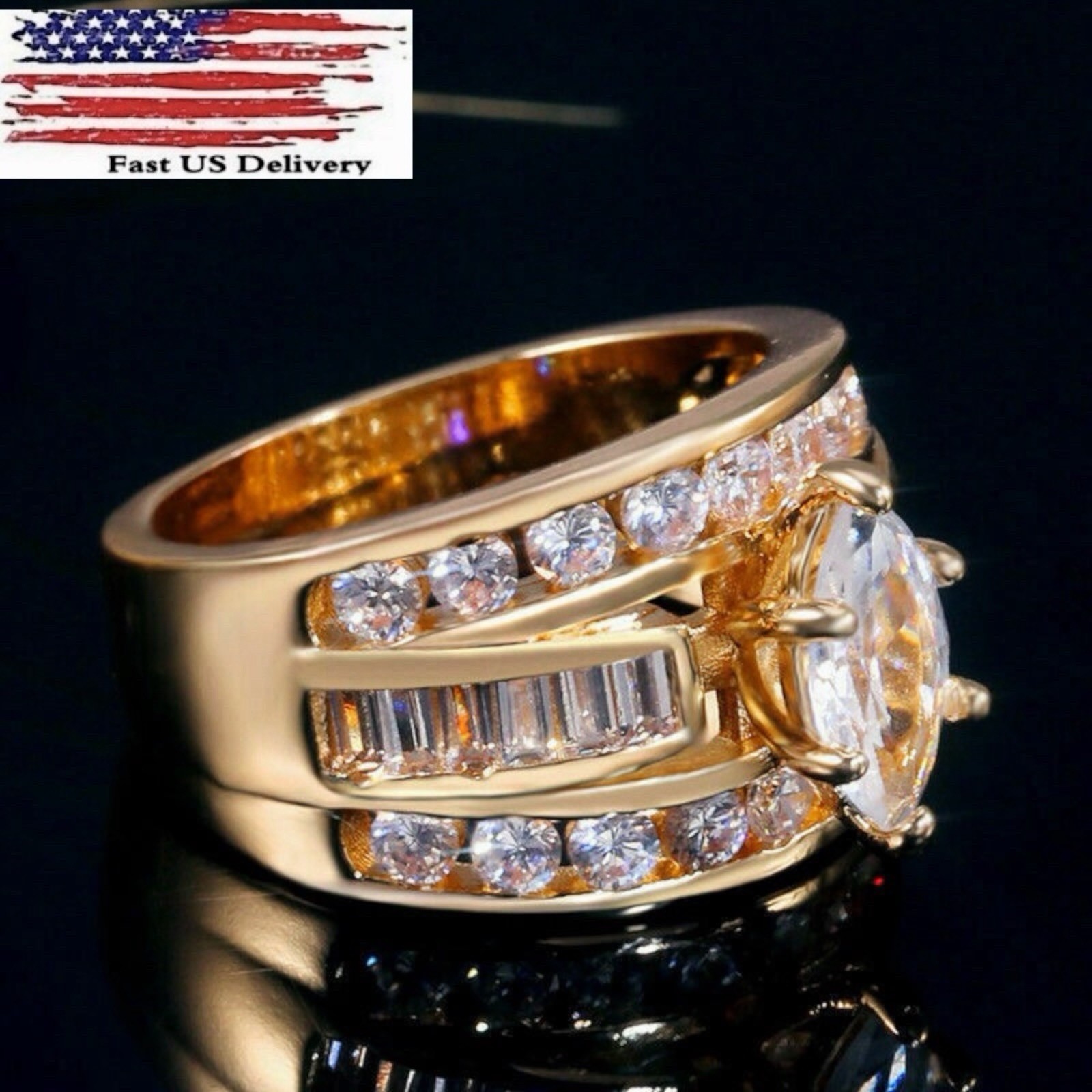 18k Yellow Gold Plated Women Ring White Zirconia Ring Simulated 6-10 #2