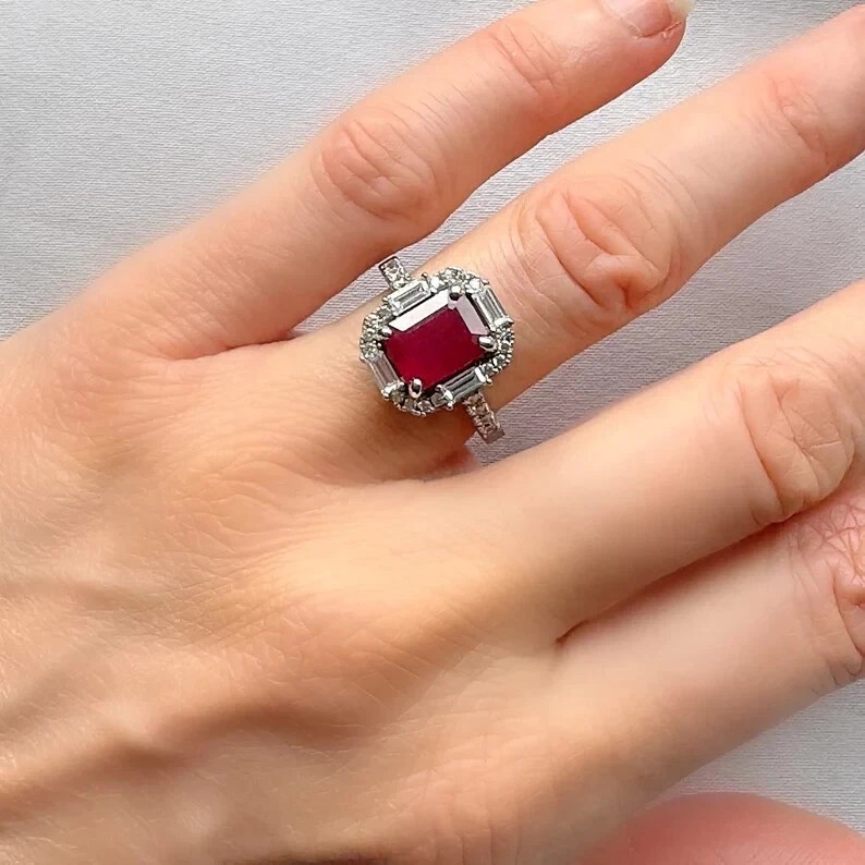3.80 Ct Emerald Cut Natural Ruby Diamond Wedding Ring 14K White Gold