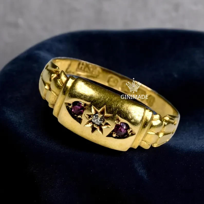 Victorian Starburst Pinky Ring CZ Diamond Ruby Gold Tone