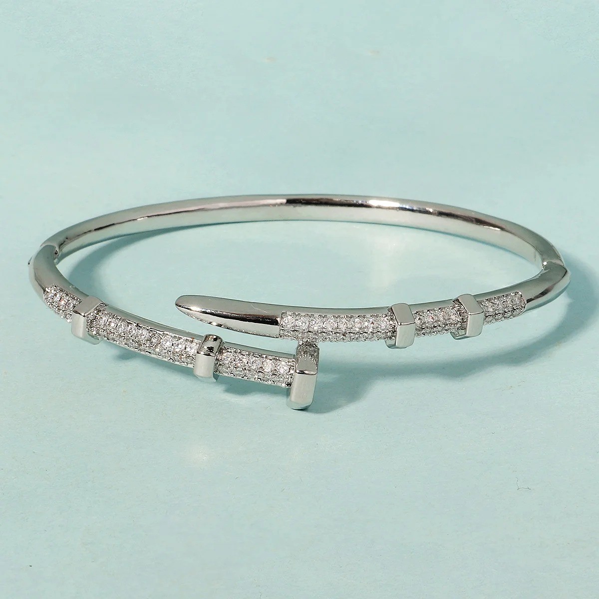 14k Yellow Gold plated Open Nail Bolt Trendy Bracelet AAA quality cubic zirconia