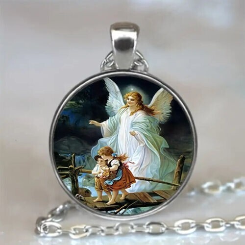 Cute Angel Guardian Time Gem Round Pendant Necklace