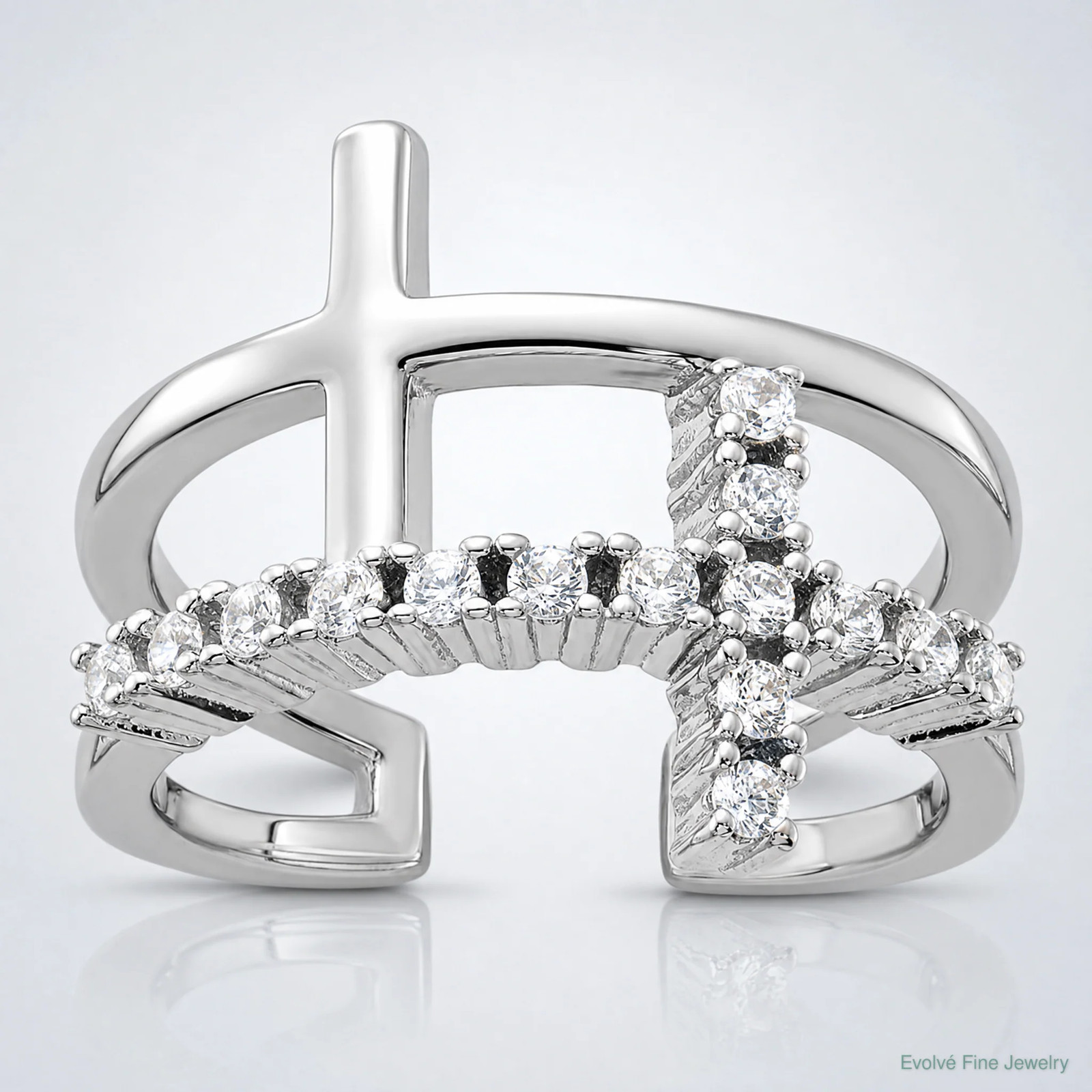 True Fire Sterling Silver Rhodium-Plated Double Cross CZ Open Back Ring