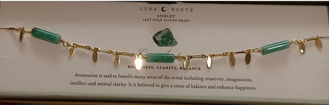 LUNA NORTE TEARDROP GREEN AVENTURINE GEMSTONES ANKLET ANKLET BRACELET GOLD PLATE