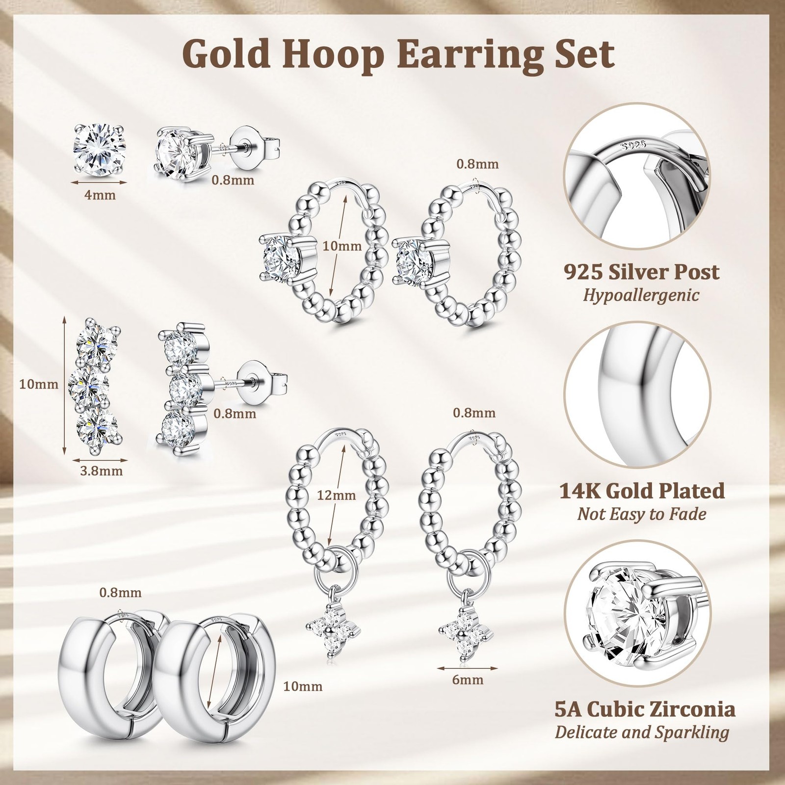 Dochais Small Silver Hoop Studs Earrings 14k Gold Plated Huggie Small,
