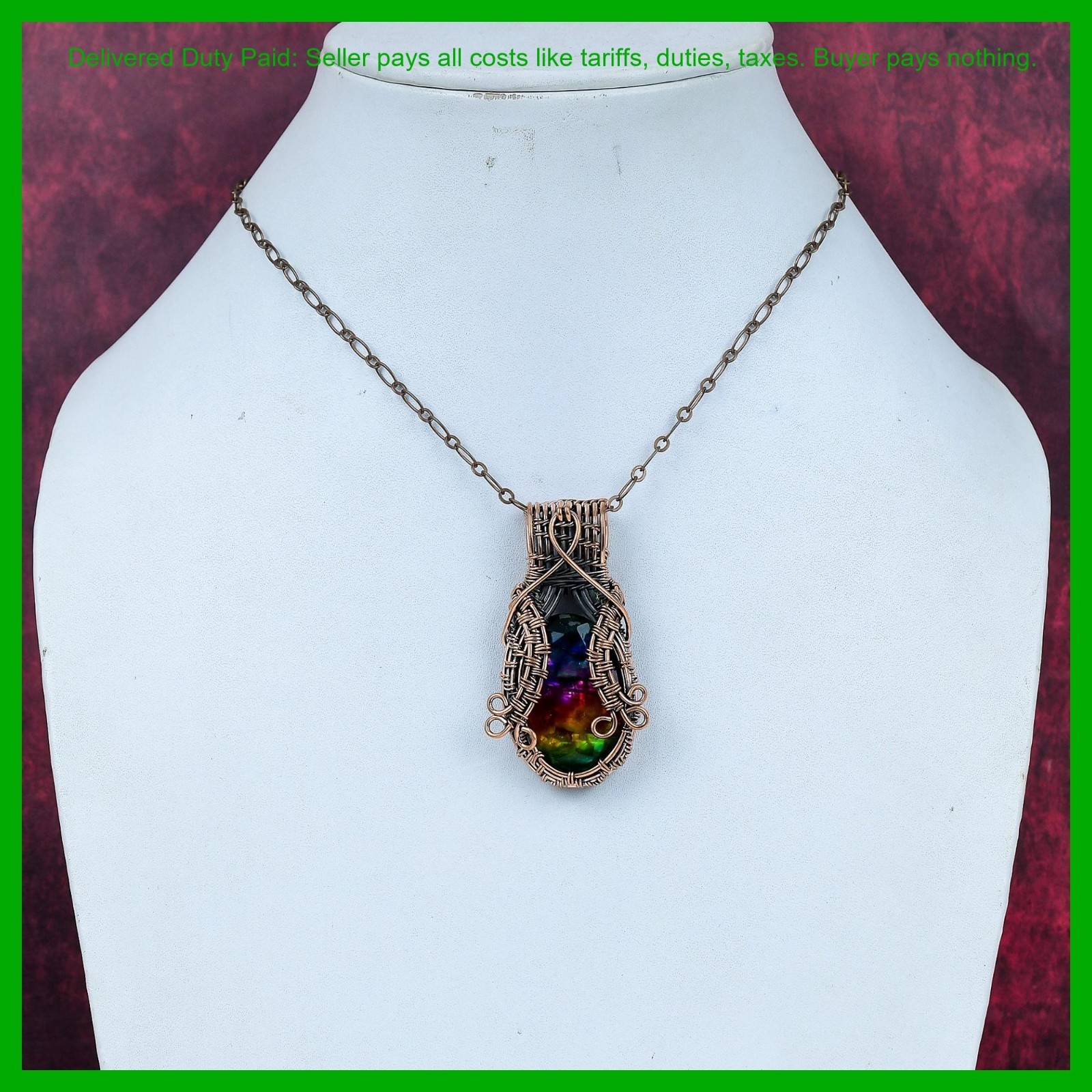 Cyber Monday Deal Copper Ammolite Gemstone Anniversary Gift Wire Wrapped Pendant