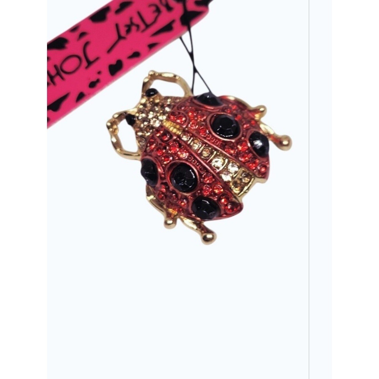 Betsey Johnson Red Crystal Ladybug Brooch Pin Gold Tone Pave Rhinestone New
