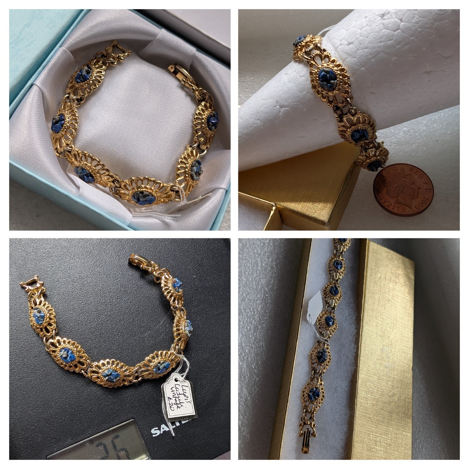 Vintage Yellow Gold Tone Ornate Panel Bracelet + Lapis Lazuli Chip 26g 18.5 cm L