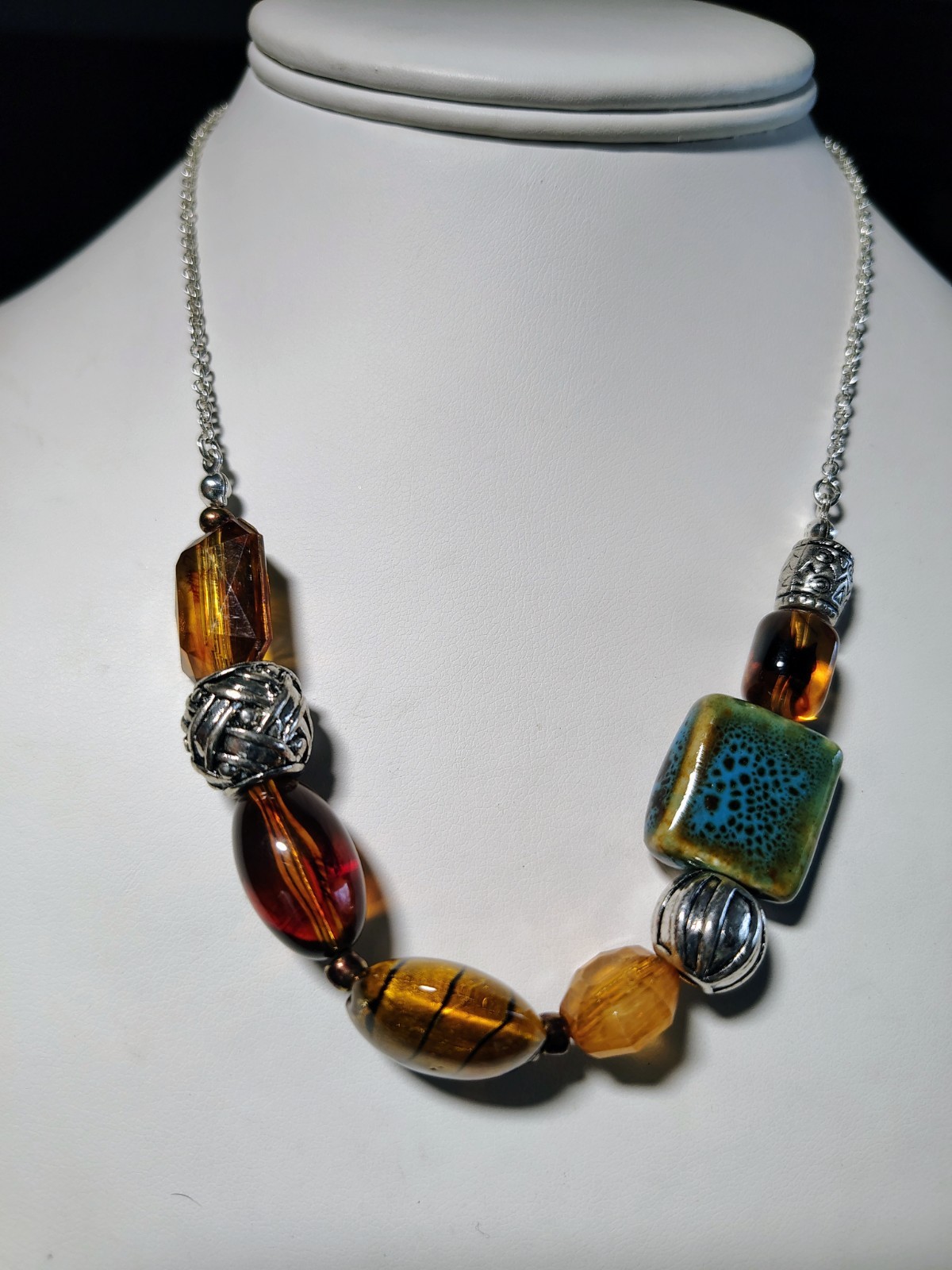 Artisan Statement Necklace Turquoise Ceramic SAQ Murano Style Glass Boho Chunky