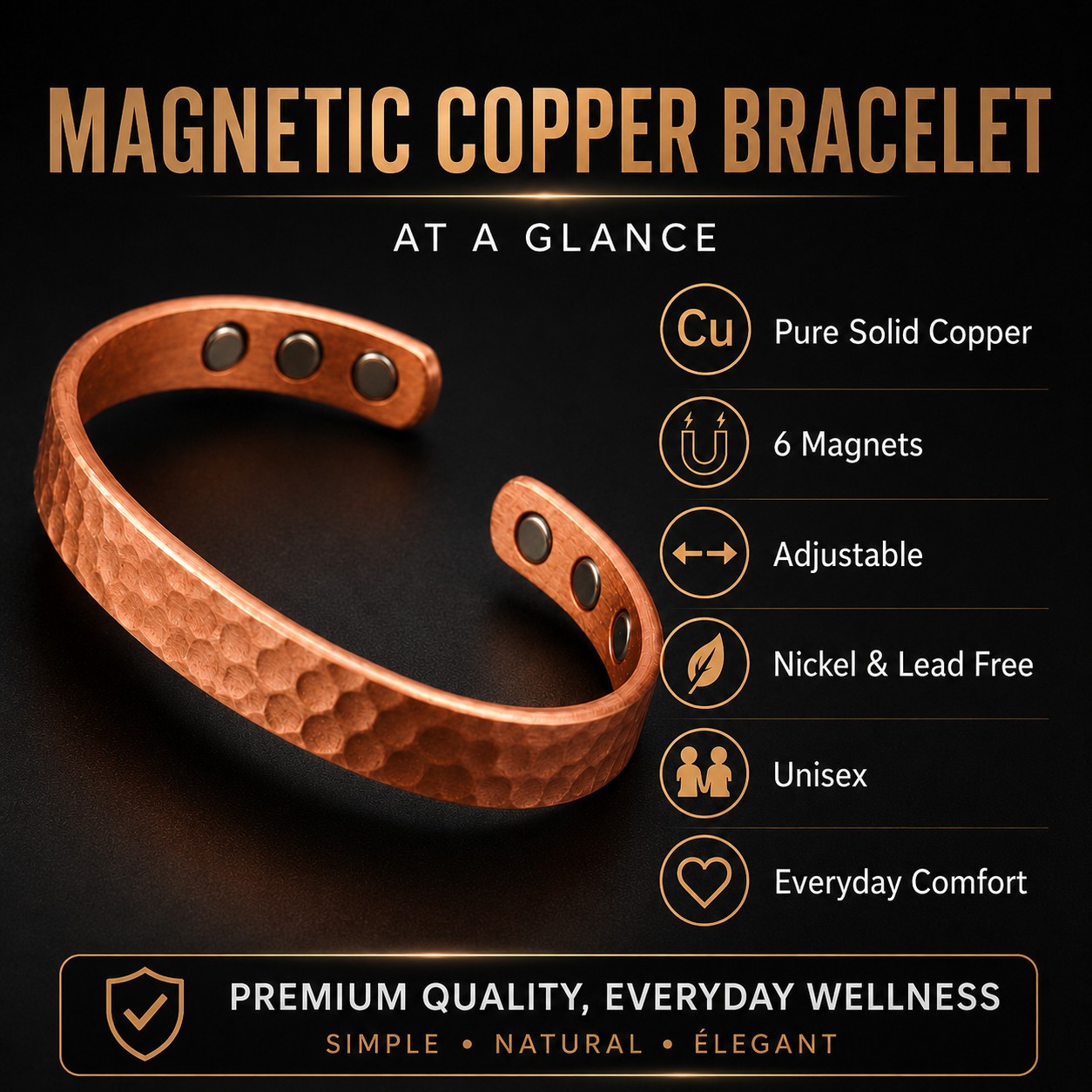 Magnetic Copper Bracelet Pure Solid Copper 6 Magnets Adjustable Cuff Women Men