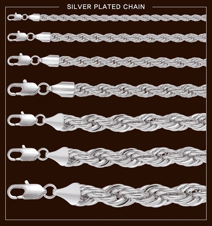 Hip Hop Rope Chain Necklace 2mm to 6mm 8″ 18″ 20″ 24″ 30″ 36″ 14K Silver Plated