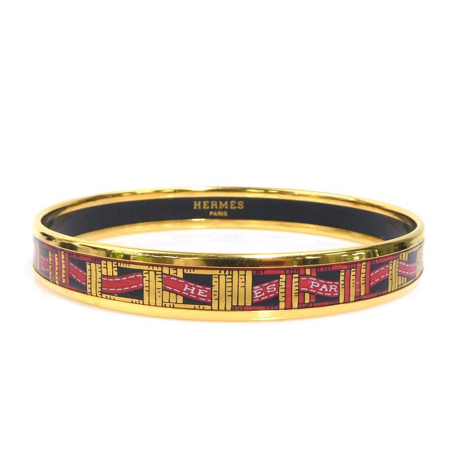 HERMES Email Bangle Bracelet Women’s Gold Black Red e61813a 7.5in Enamel