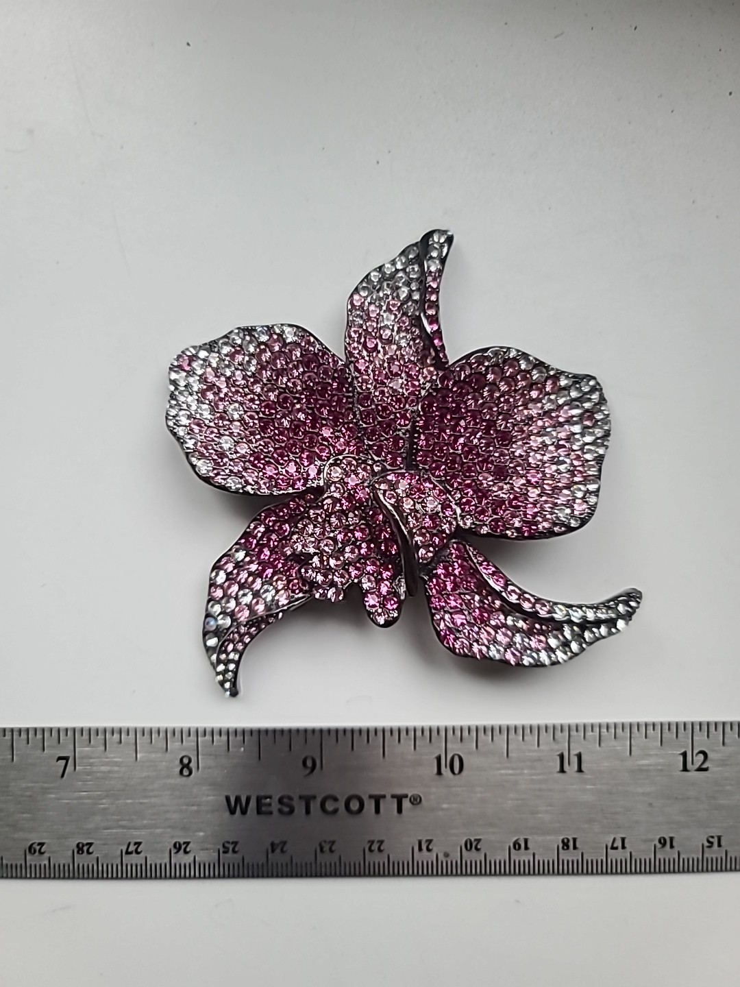 PJM Jewlery XXL PINK Clear RHINESTONE FLOWER BROOCH VINTAGE Gun Metal 3.5 Inches