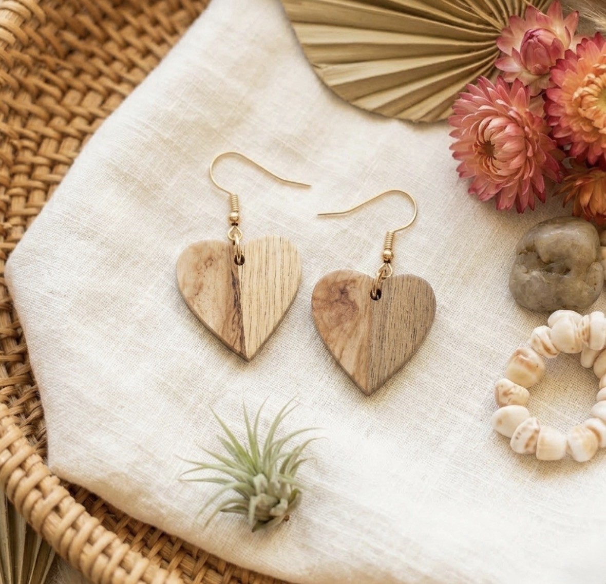 Bohemian Brown Cloudy Resin & Bleached Wood HEART Earrings Boho NEW Jewelry