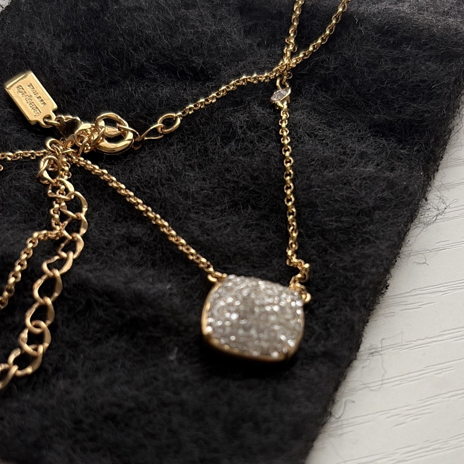 Stella & Dot Gold Tone Cable Chain Necklace Pavé Clear Cushion Crystal Pendant