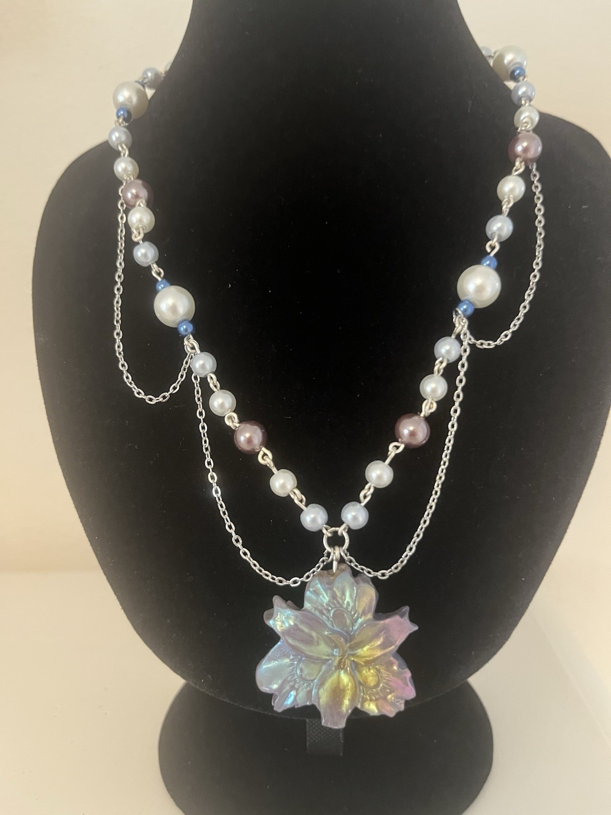Layered Beaded Cable Chain Necklace Pearl/Crystal Flower Charm 12in Lobster