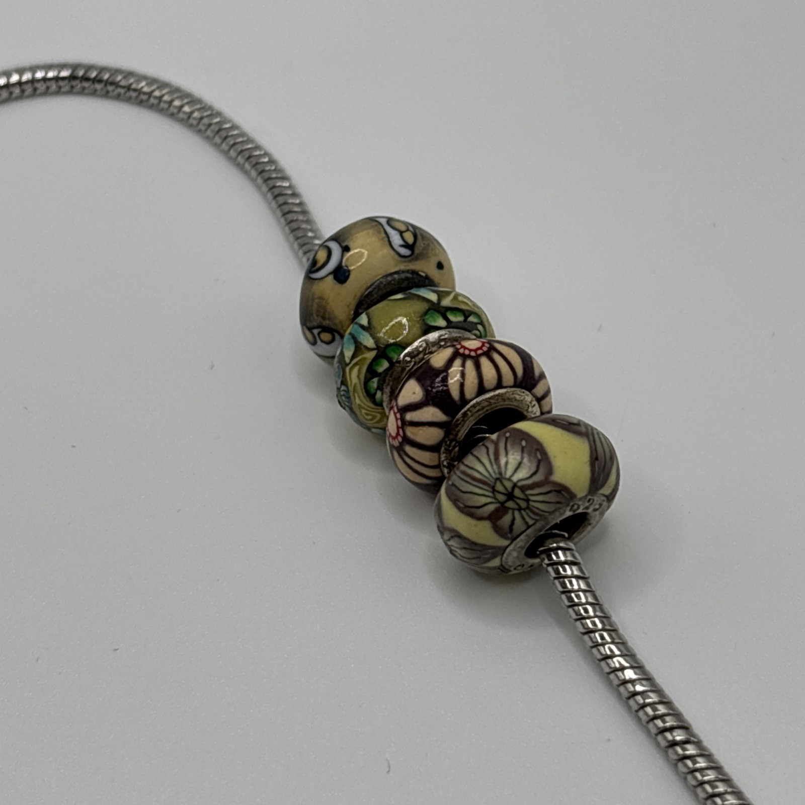 Sterling 925 Polymer Clay Beads Charm Mixed Art Design Floral Circles Lot Of 4