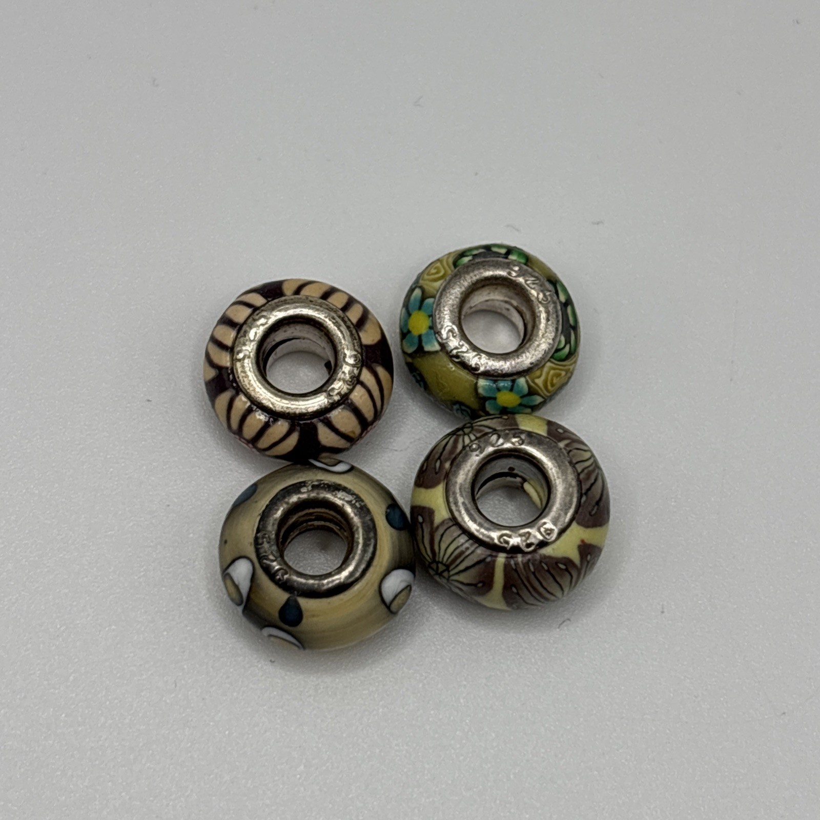 Sterling 925 Polymer Clay Beads Charm Mixed Art Design Floral Circles Lot Of 4