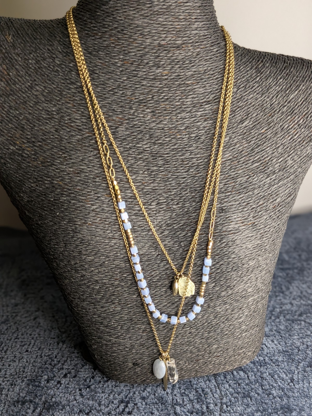 Melrose and Market Gold Multi Strand Layered Long Necklace Beaded Stone Pendant