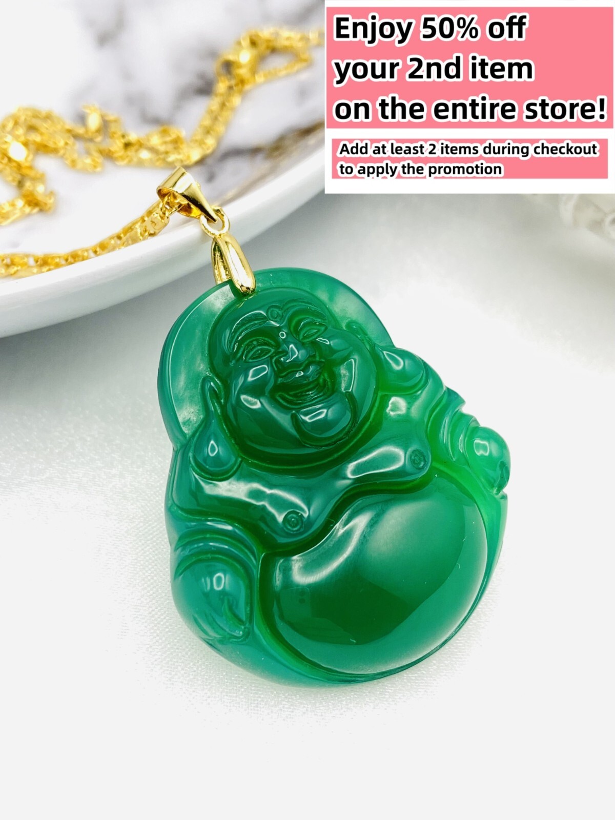 Jade Buddha Pendant Charm Necklace W/ 18K Gold Plated Chain Handmade Carved Gem