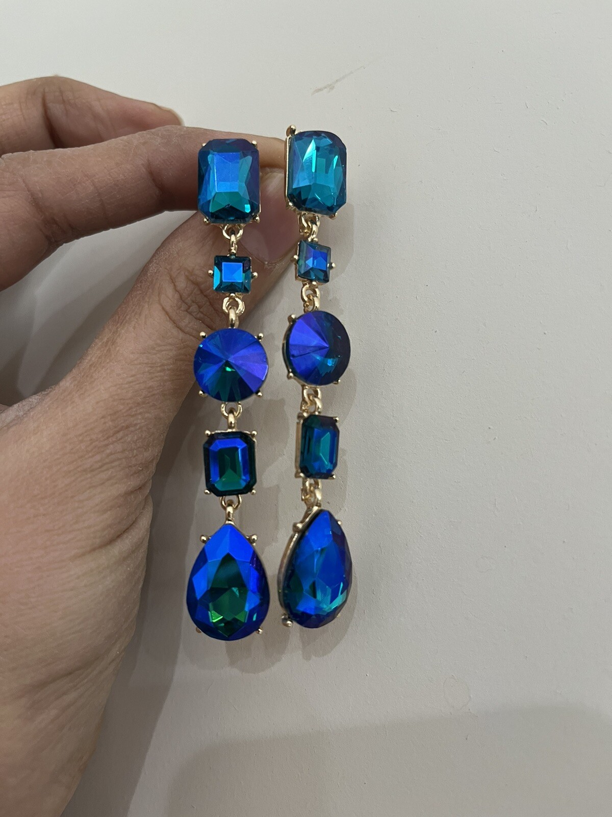 Blue Ab Earrings Green Blue Long Royal Drop Dangle Rhinestone Crystal Pageant