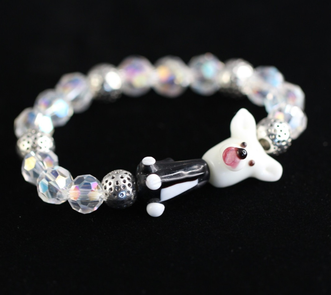 Dog Bracelet Black Lampwork 6.5″ inch Elastic Glass Beads 10mm Faceted Crystal